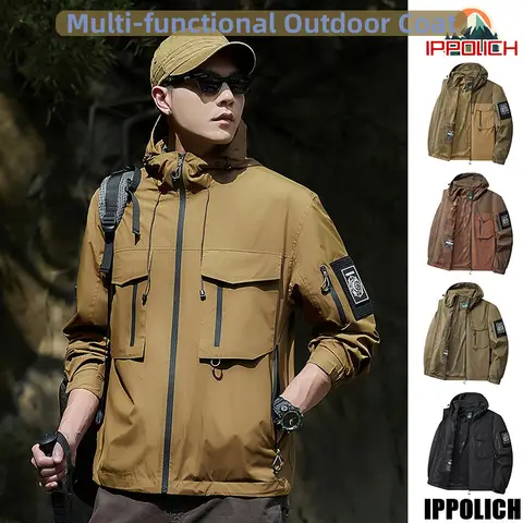 Herr Kontrastfärgad Vandringskappa Avtagbar Kardborrejacka Flerficksdragkedja Kappor Utomhus Fiske Camping Andningsbar Huvjacka 10 best sales 6-ficksjacka för män - №4