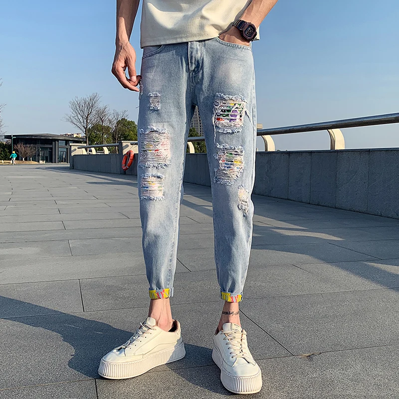 

Blue Jeans For Man Spring Summer New Fashion Ripped Jeans Men Clothing 2025 Slim Fit Casual Ankle Length Hole Pantalones Hombre