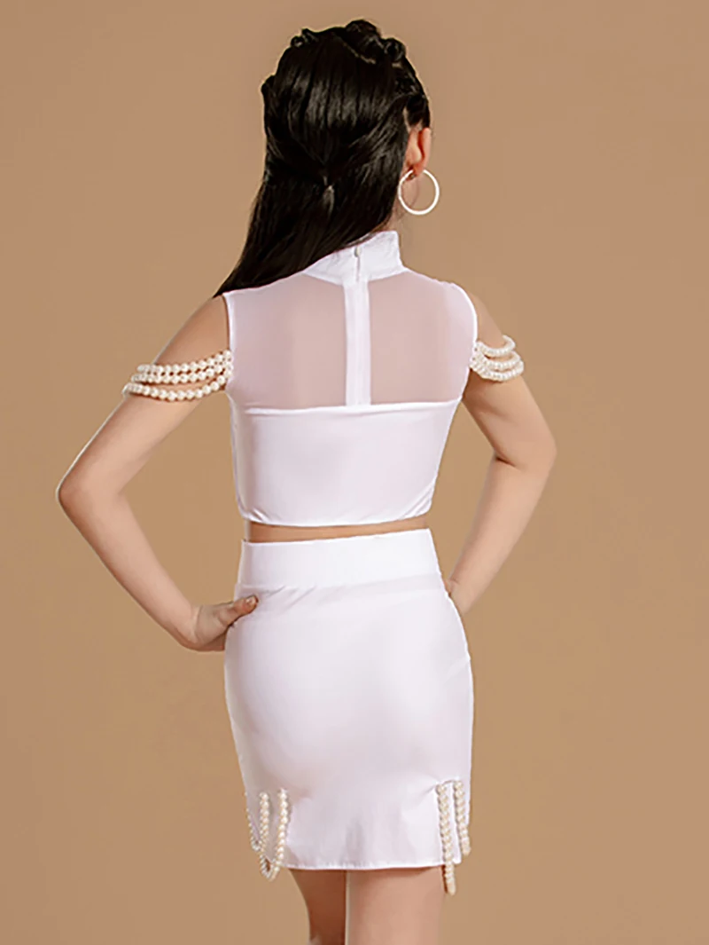 أطفال بنات اللاتينية ملابس رقص لؤلؤة شبكة الظهر زيبر الأعلى والتنانير قطعتين الدعاوى الأطفال قاعة الرقص مجموعة التدريب