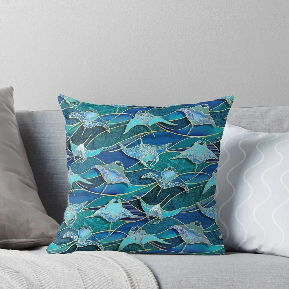 Patchwork Manta Rays in Sapphire and Turquoise Blue Throw Pillow sleeping pillows Pillow