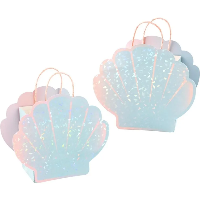 8Pcs Iridescent Blue Pink Sea Shell Mermaid Birthday Party Gift Bags Beach Under The Sea Goody Bag Ocean Party Candy Treat Bag