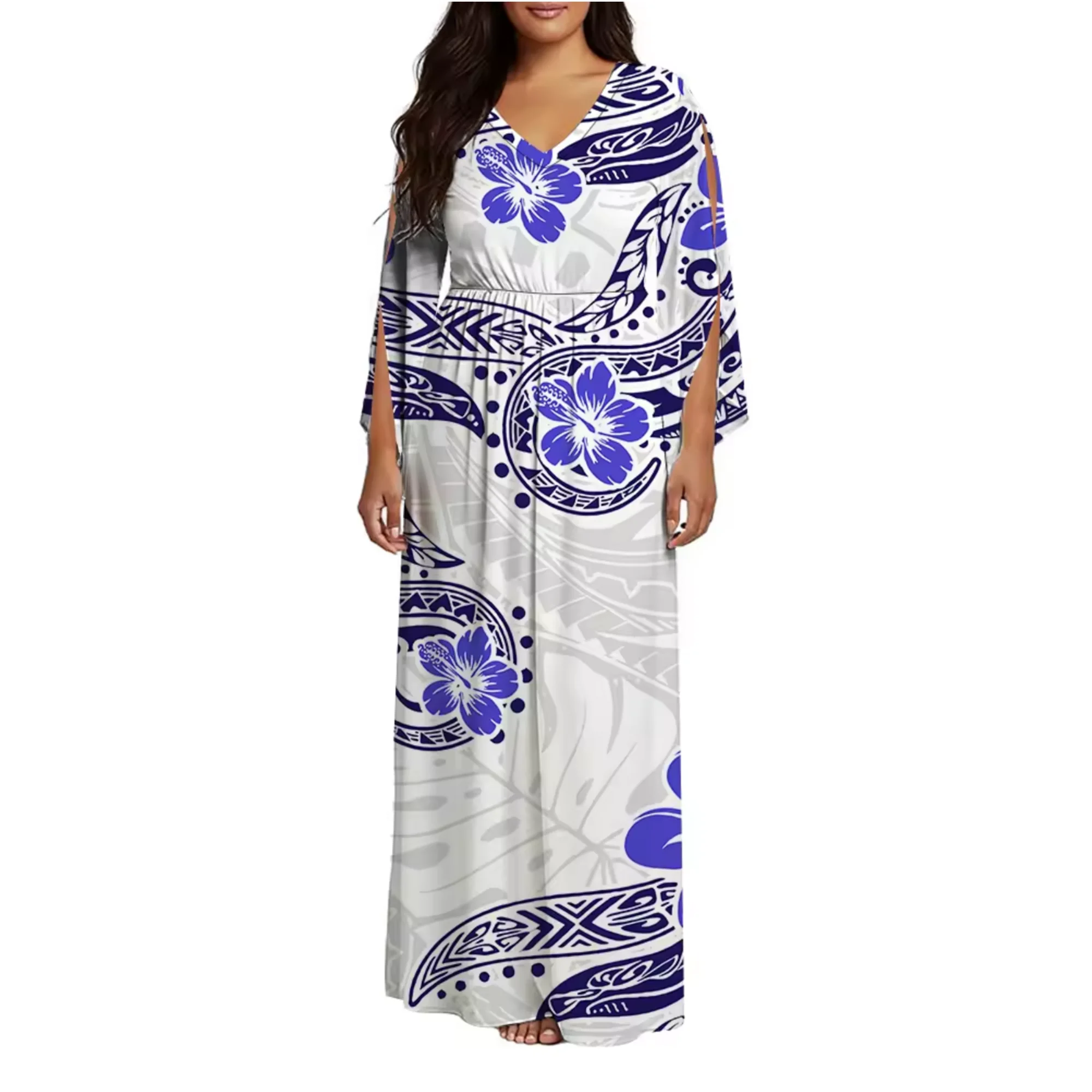 

Custom Your Logo Pacific Island Design Women's V-neck Casual Long Dress Island Dress Polynesian Print Ladies Split Sleeve Dress