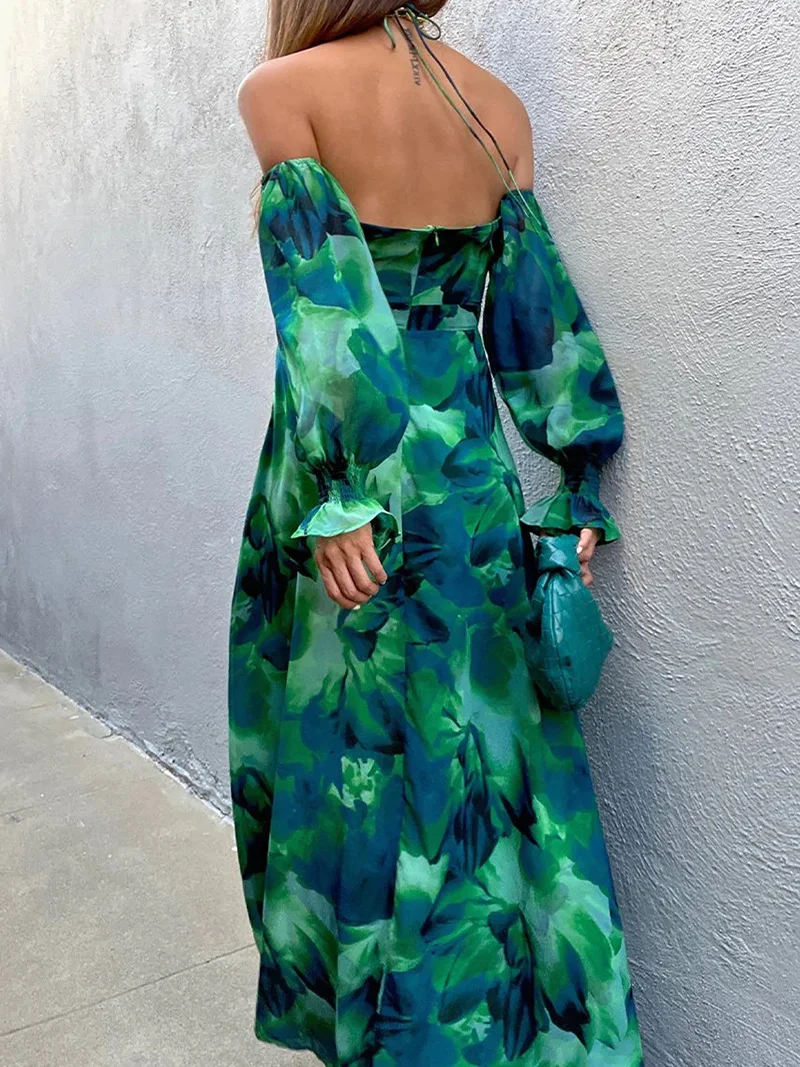 Sexy Women Hollow Out Backless Evening Dress Casual Off The Shoulder Beach Dresses Fashion Printed Bandage High Split Vestidos