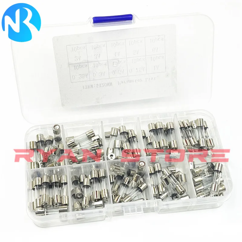 100Pcs/Box 5*20 5x20MM Glass Tube Fuse Assorted Kit 0.2A 0.25A 0.3A 0.5A 1A 2A 3A 4A 5A 6A 8A 10A 15A Set