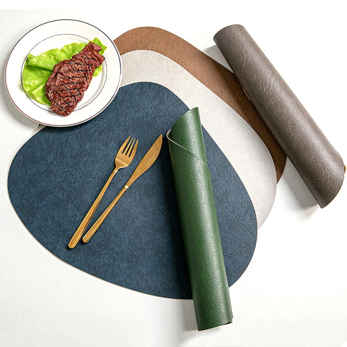 

Leather Placemat,Teardrop Shape Cowhide Texture Double-Sided Non-Slip Nordic Style PU Place Mat Waterproof Oil-Resistant Mat 4-1
