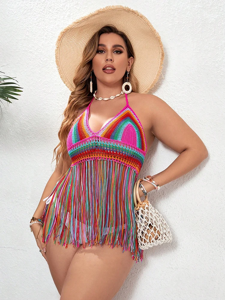 Top Halter de ganchillo de talla grande, traje de baño bohemio de arcoíris con flecos y borlas a rayas coloridas, traje de baño Sexy de punto con cuello en V