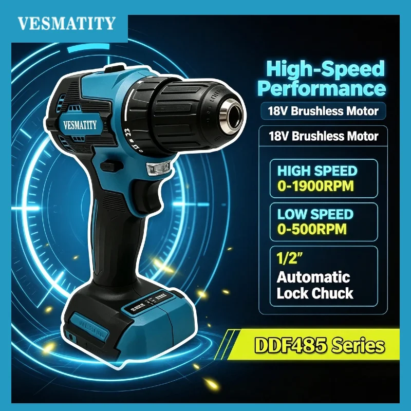 VESMATITY 10MM Brushless Cordless Drill Driver 2 Speed 50N.m 1900RPM Compact Power Tool for 18V Battery Max Ultra