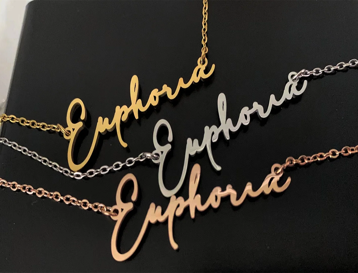 10PCS Cute Cursive Letter Euphoria Necklace Stainless Steel for Happiness Elation Gaiety Emotion Script Word Chain Collar Choker