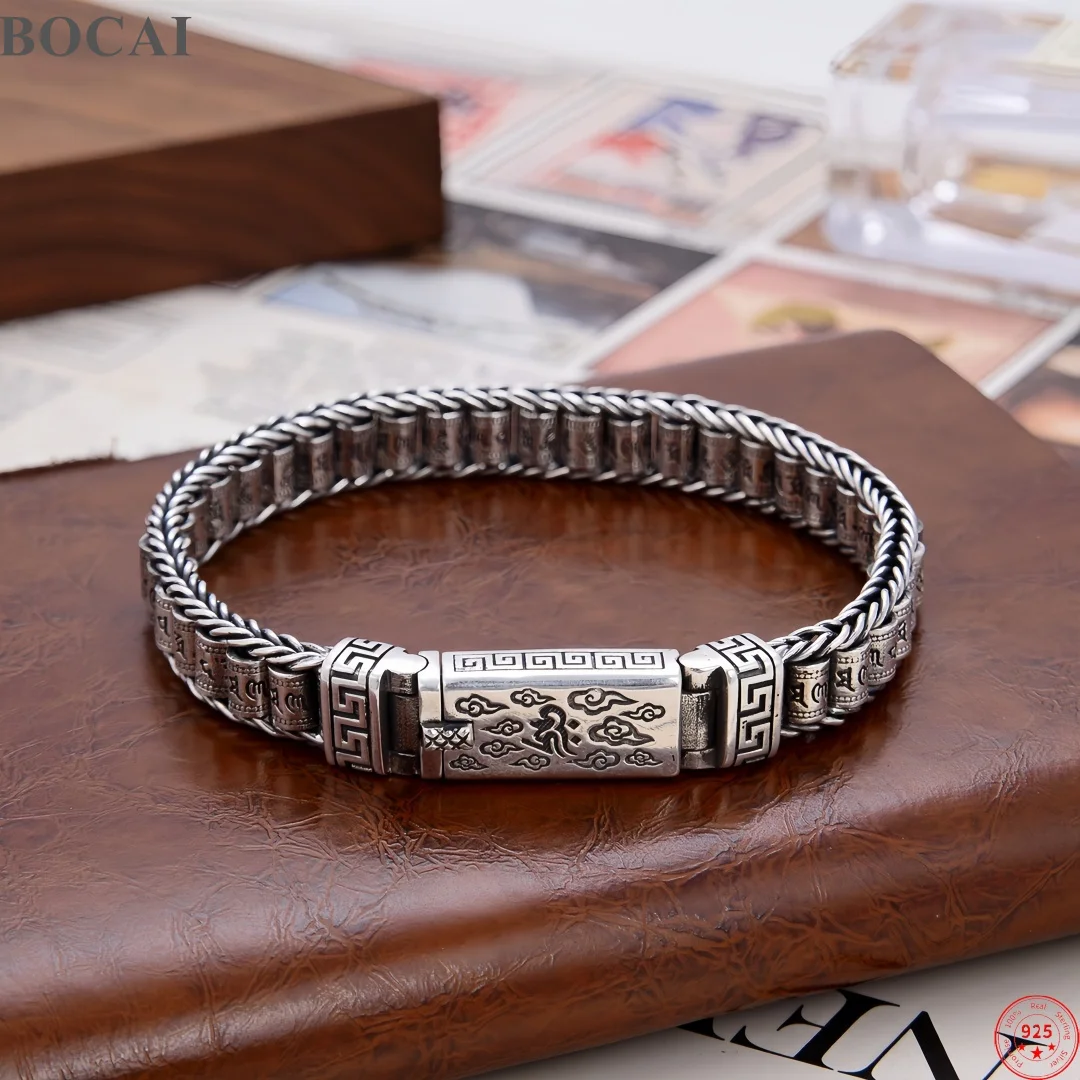 BOCAI S925 Sterling Silver Charms Bangle for Men Six Character Mantra Prayer Wheel Auspicious Cloud Bracelet Fine Choice Jewelry