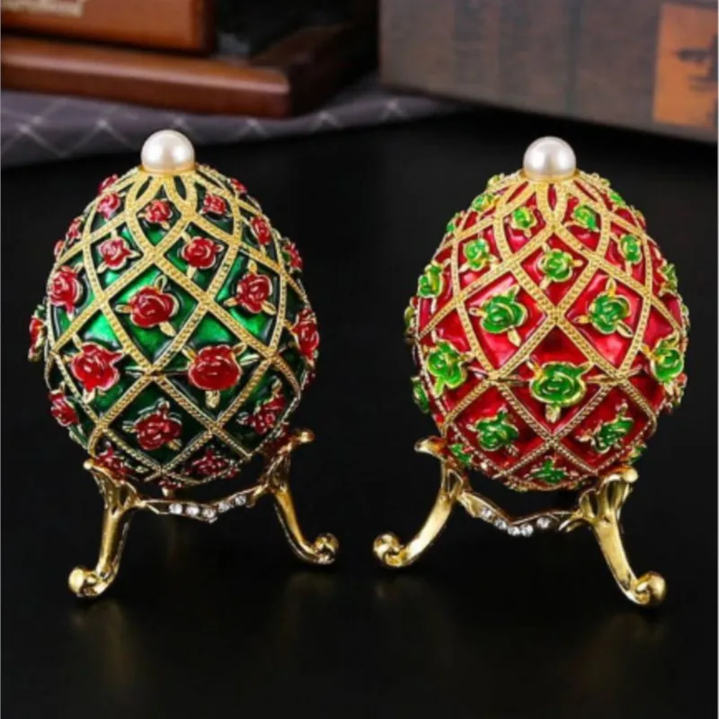 

Light luxury Russian Rose Egg Trinket Box Painted Container Decorative Gift Ring Earrings Jewelry Storage Box Mini Desk Ornament