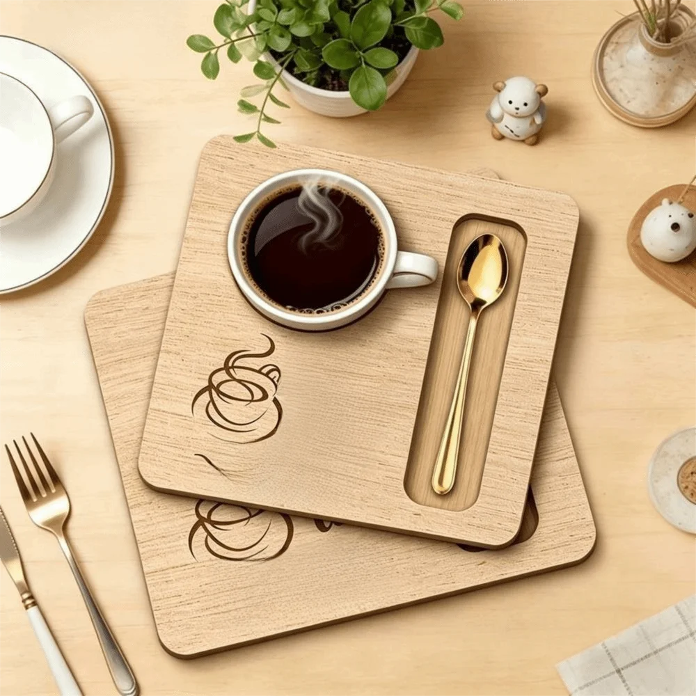 2PCS Creative Wood Coffee Tray Square Cup Spoon Slot Coffee Coaster Anti-slip Thermal Insulation Wood Coaster For Coffee Lover