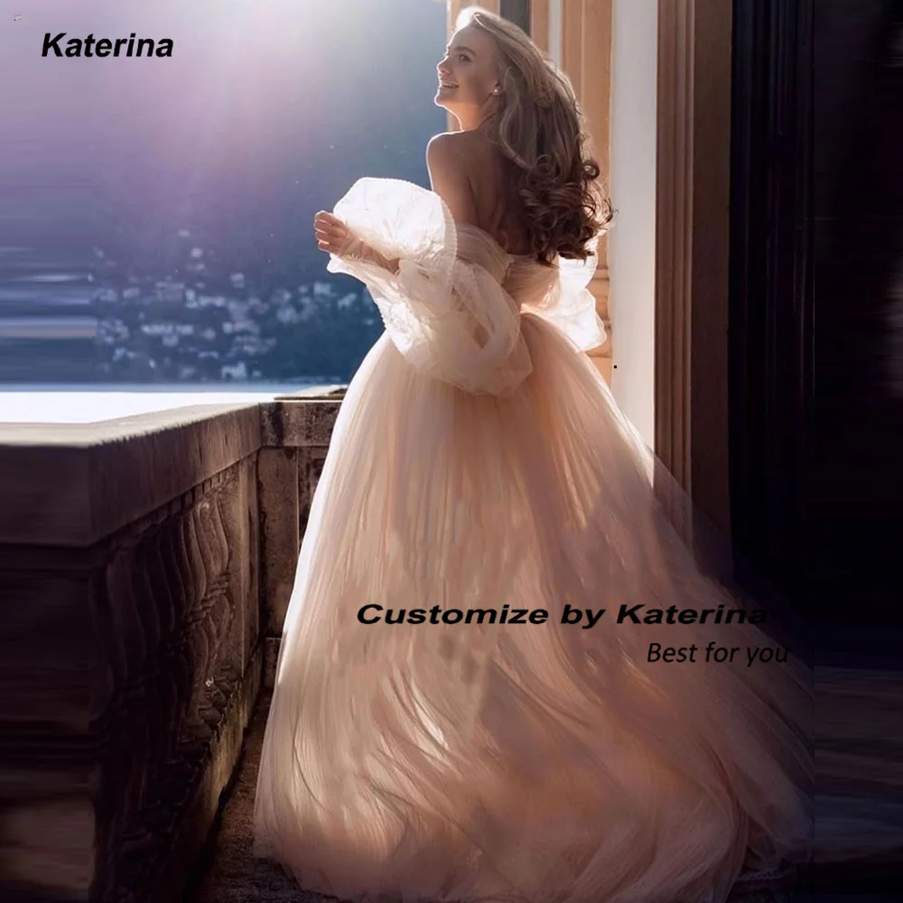 Katerina Sweetheart Princess Wedding Dresses Long Puff Sleeves Pleated Tulle Beach Bridal Gowns A-Line Fluffy Bride Dresses