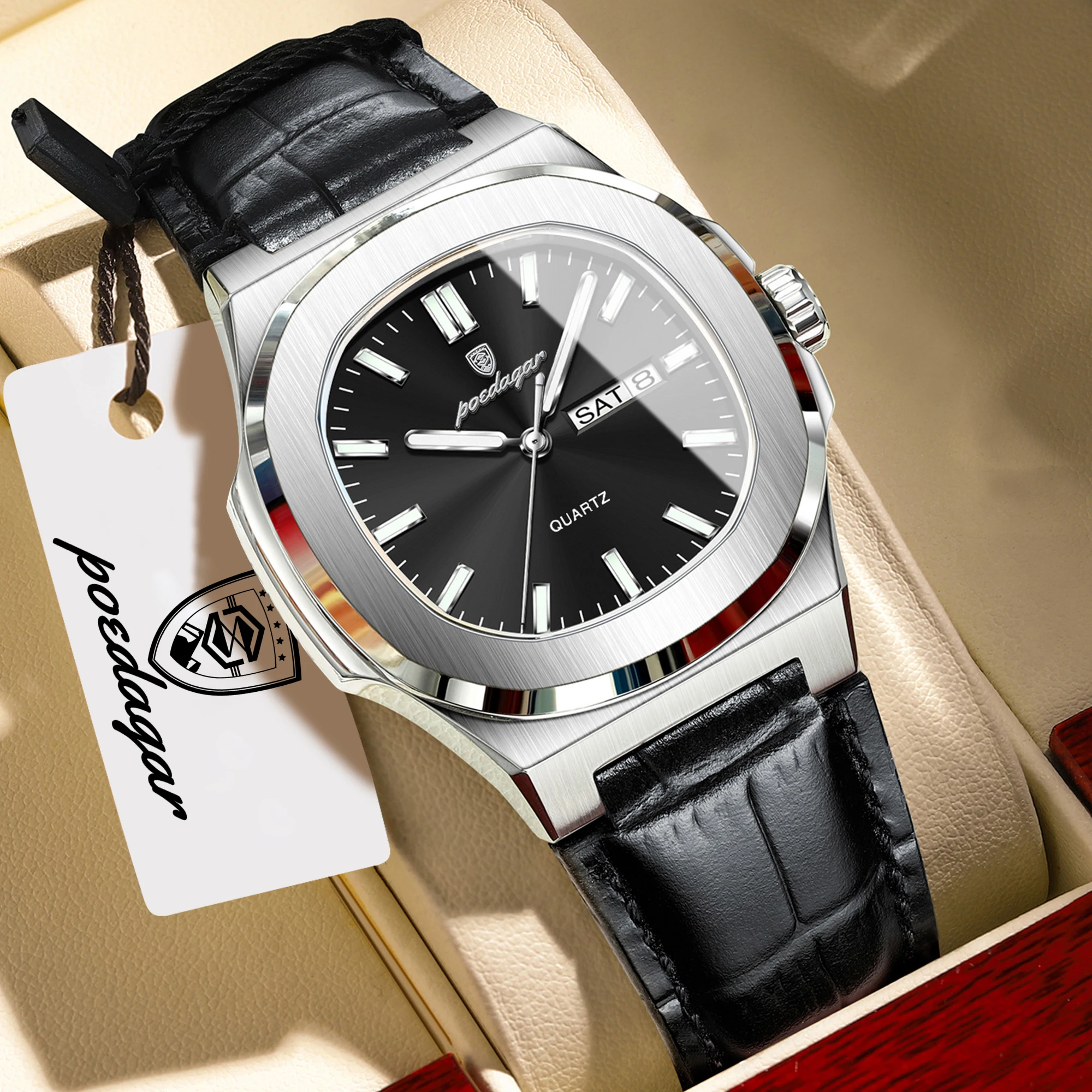 POEDAGAR Fashion Wristwatch For Boyfriend Luminous Waterproof Week Calendar Business Couple Watches Leather Luxury Men's Watches
