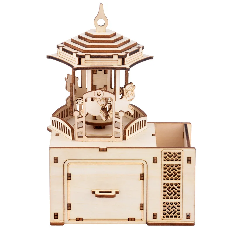 Wooden Jigsaw Puzzle 3d Puzzle Model Carousel Clockwork Music House  Box CJ