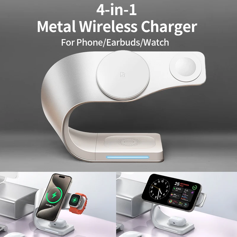 4-in-1-Wireless-Ladegerät mit Metallgehäuse für iPhone 16, 15, 14, 13, 12, magnetische Schnellladestation, Ständer, Dock für Apple Airpods Watch