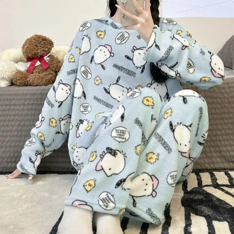

Sanrio Pochacco Women's Pajamas 2 Piece Set Kawaii Cartoon Winter Warm Sleepwear Long Sleeve Pant Nightgowns Flannel Home Clothe