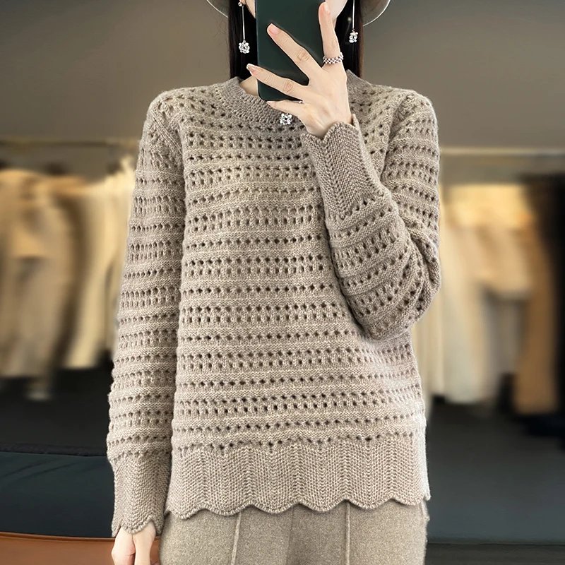 Women's spring and autumn pullover sweater hollowed out 100% merino wool solid color O-neck cashmere fashion sweater blouse