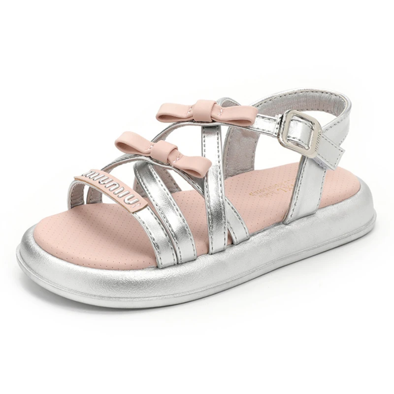 

Детские сандалии, модная обувь принцессы с бантом для девочек, новинка 2023 года, летняя повседневная детская пляжная обувь в римском стиле с мягкой подошвой