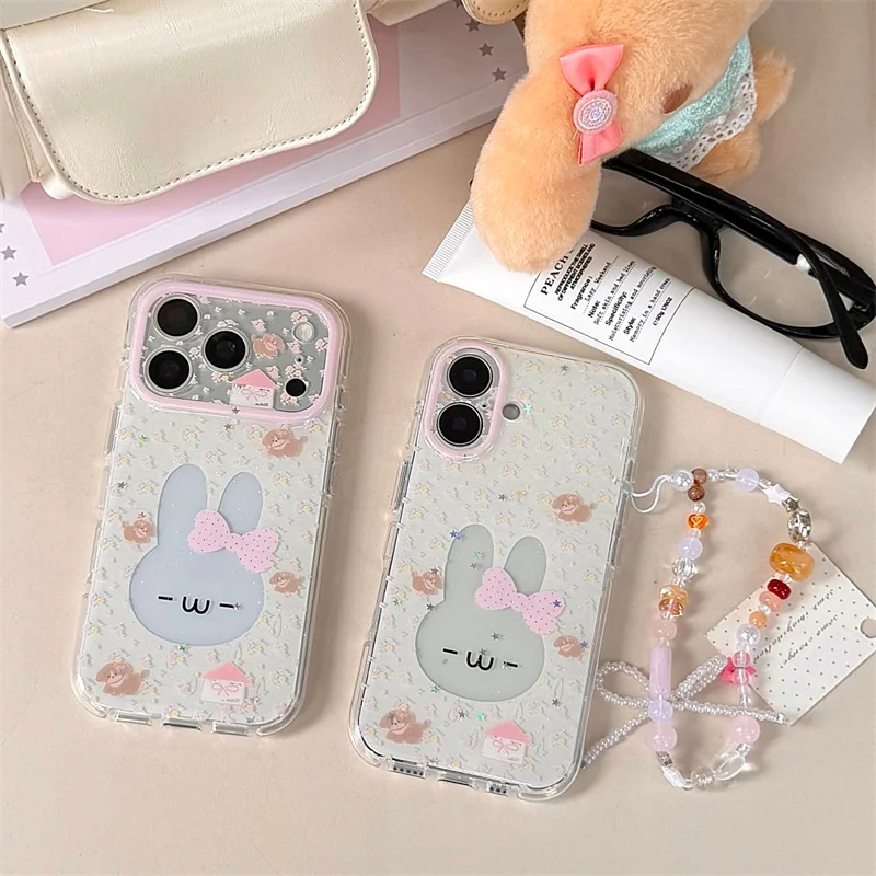 Clear Hollow Cute Bowknot Rabbit Flower Glitter Phone Case For iPhone 17 Pro 16 15 Pro Max Cover with Chain Fashion Cartoon Case