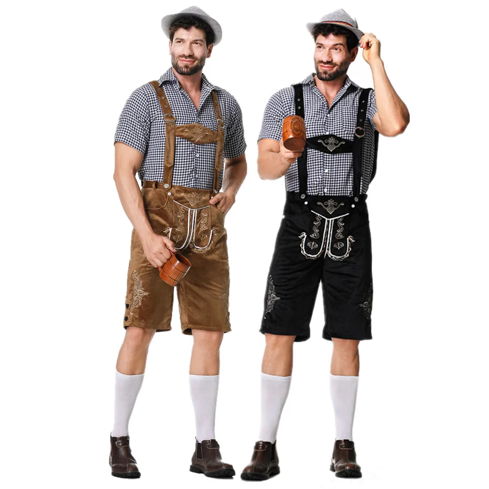 German Oktoberfest Costumes Men Traditional Bavarian Beer Male Shirt Rompers Shorts Hat Set Cosplay Halloween Fancy Party Outfit