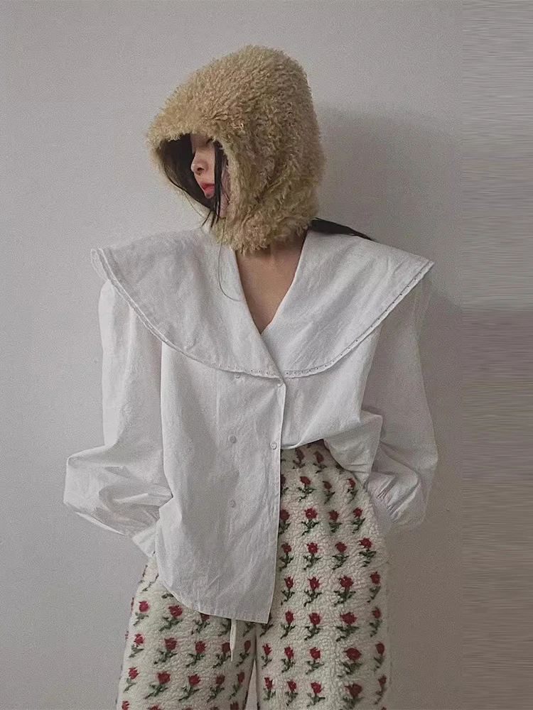 

Gagarich Korean Chic Autumn New Style French Doll Collar Double Breasted Loose Casual Solid Color Bubble Sleeve Shirt Women
