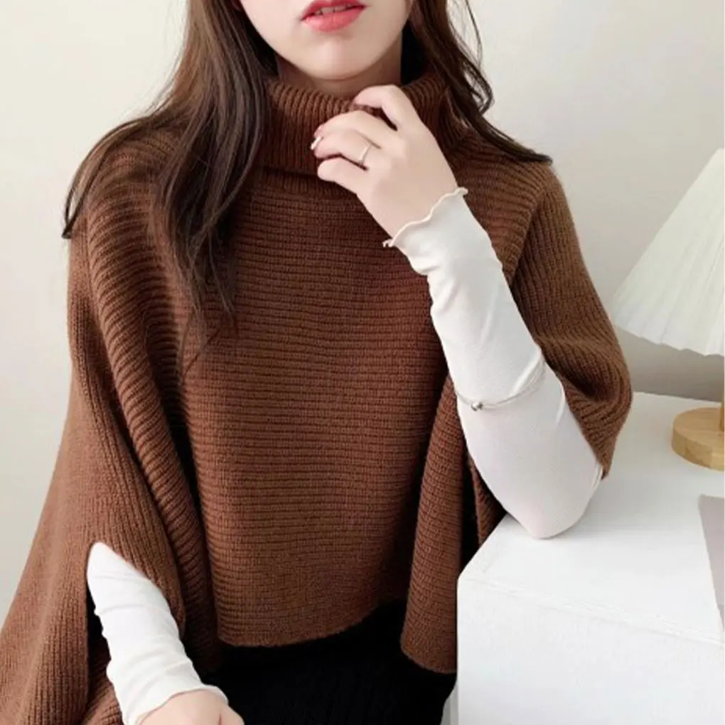 Women Shawl Sweaters Knitted Pullovers Irregularity Jumpers Cloak Turtleneck Elegant Splice Autumn Winter Thick Warm 2024