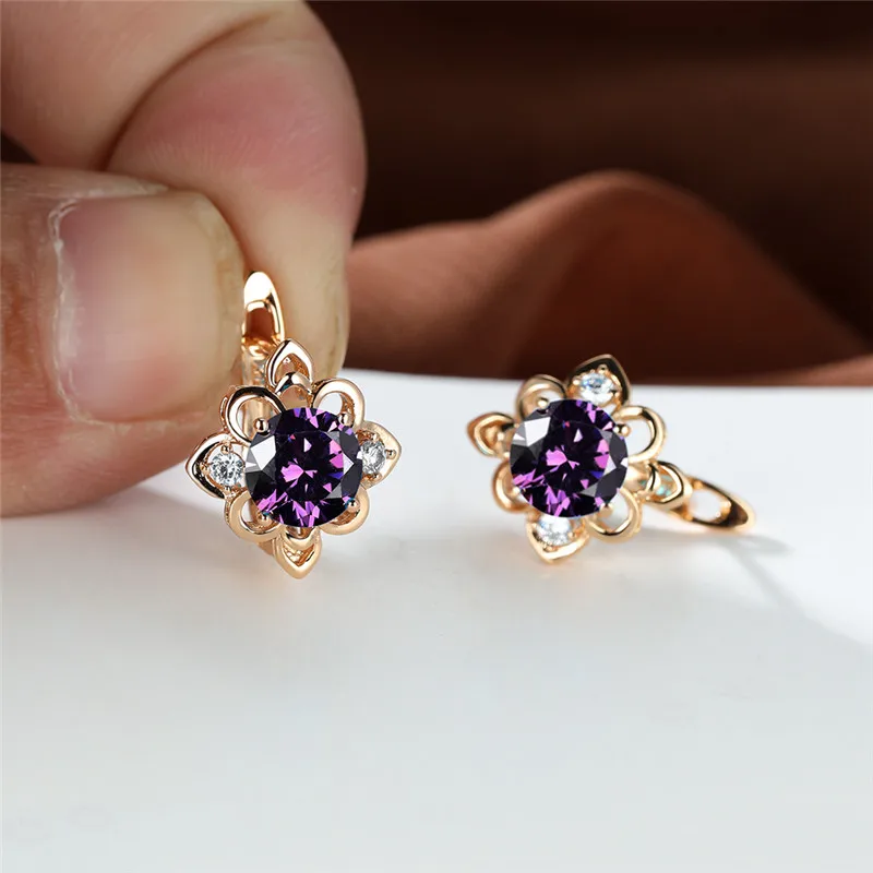 Pendientes de Clip de flor de piedra redonda púrpura Boho para mujer, Color dorado, joyería de boda pequeña, regalo