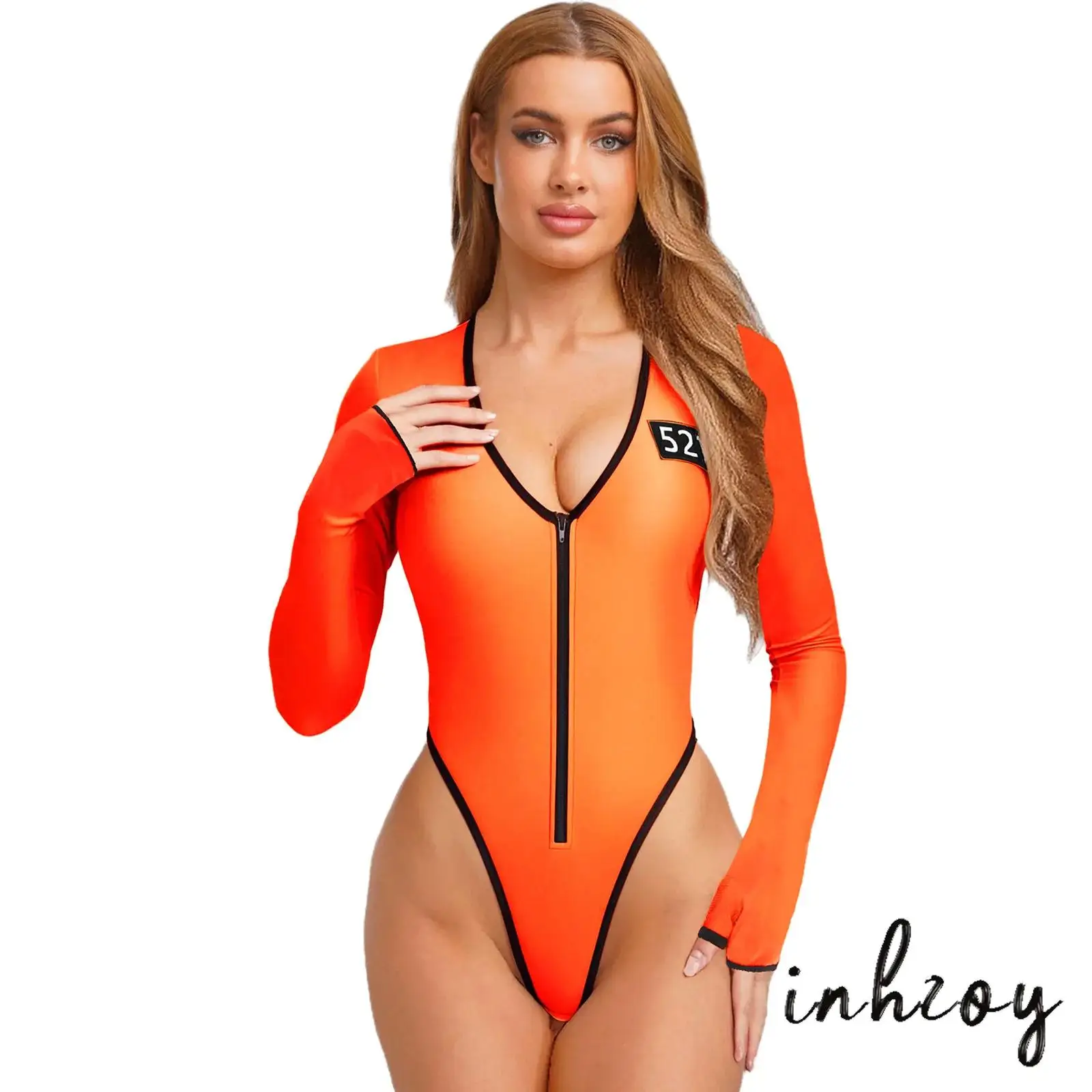 

Women Adult Jail Cosplay Bodysuit Deep V Neck with Gloves Backless Cut Out Leotard Sexy Halloween Party Jumpsuit Costume