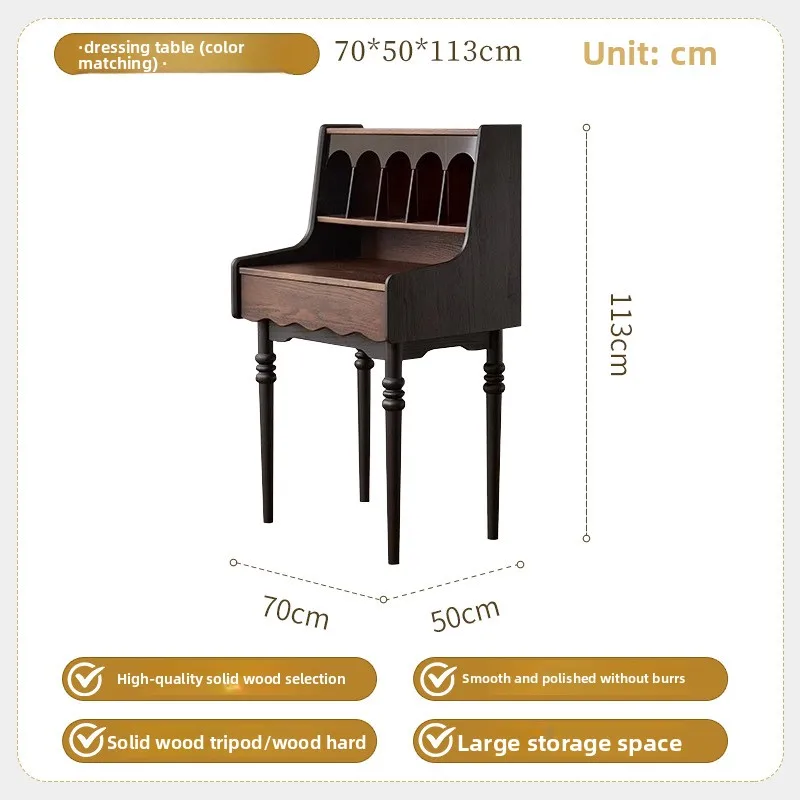 Madera maciza retro francesa, tocador antiguo, taburete de mesa de maquillaje con cajón, mesa de maquillaje combinada para dormitorio y hogar