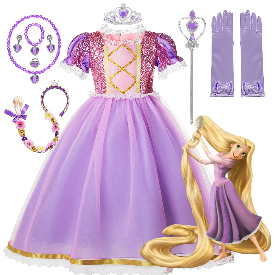 

Disney Girl Rapunzel Dress for Kids Halloween Princess Cosplay Costume for Birthday Party Gift Purple Sequins Mesh Clothing