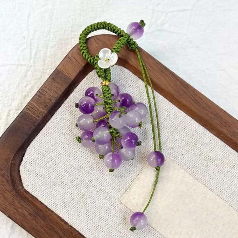 Elegant Grape Cluster Pendant Alloy Green Crystal Grape Phone Chain Polyester Purple Gradient Beads Woven Pendant