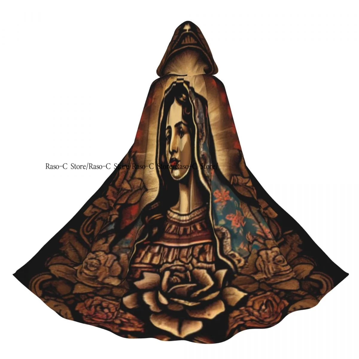 Adult Cloak Cape Hooded Lady Of Guadalupe Mexico Vintage Poster Medieval Costume Witch Wicca Vampire Elf Purim Carnival Party