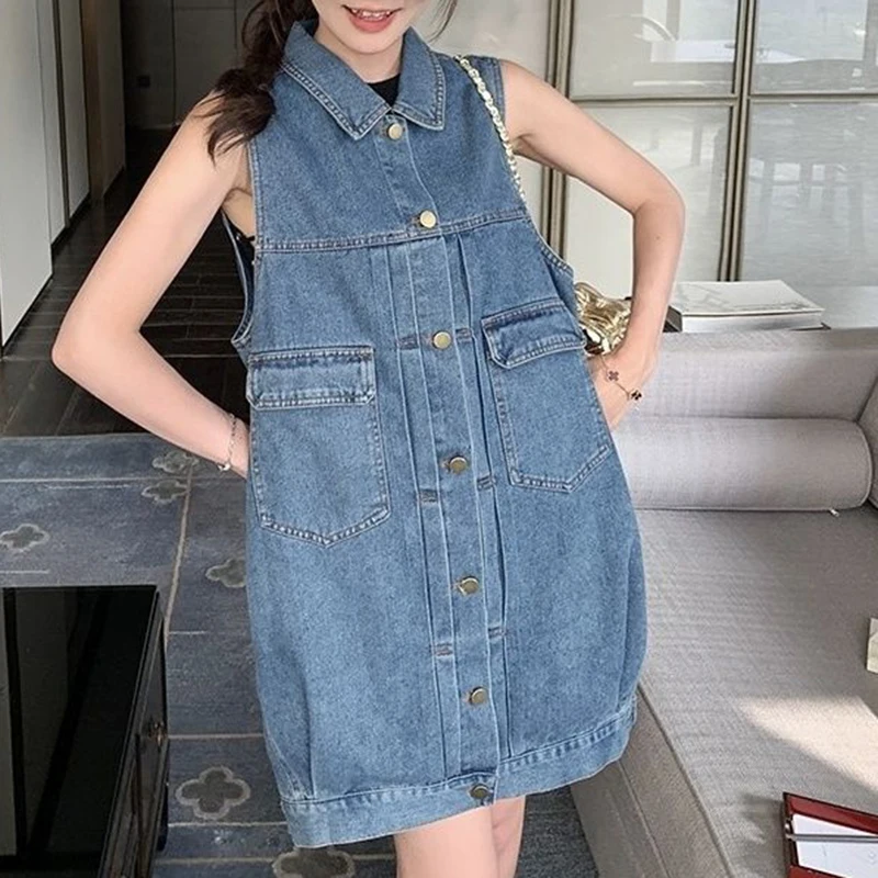 

2024 grey blue slimming off shoulder denim dress, women's summer new loose sleeveless short summer dress