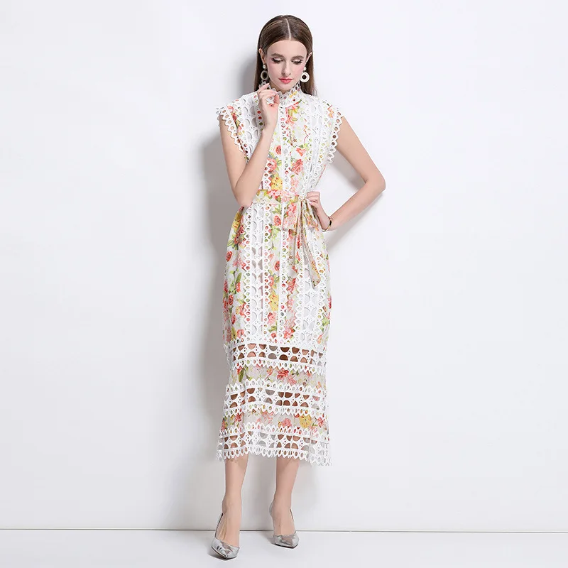 Ele Hollow Out Lace A-lijn Rok Stand Kraag Afslanken Zomer Hof Sle Dames Dr Faionable Chinese Thi Stof