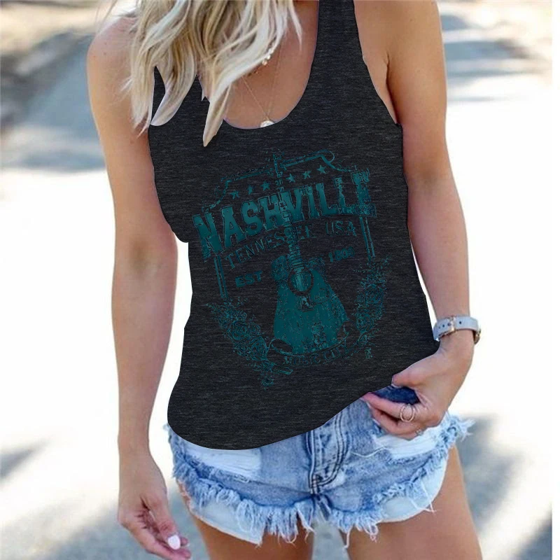 Vintage Nashville Music City Print Sleeveless Vest for Women Retro Rose and Guitar Pattern Western Music Lovers Gifts Tank Top