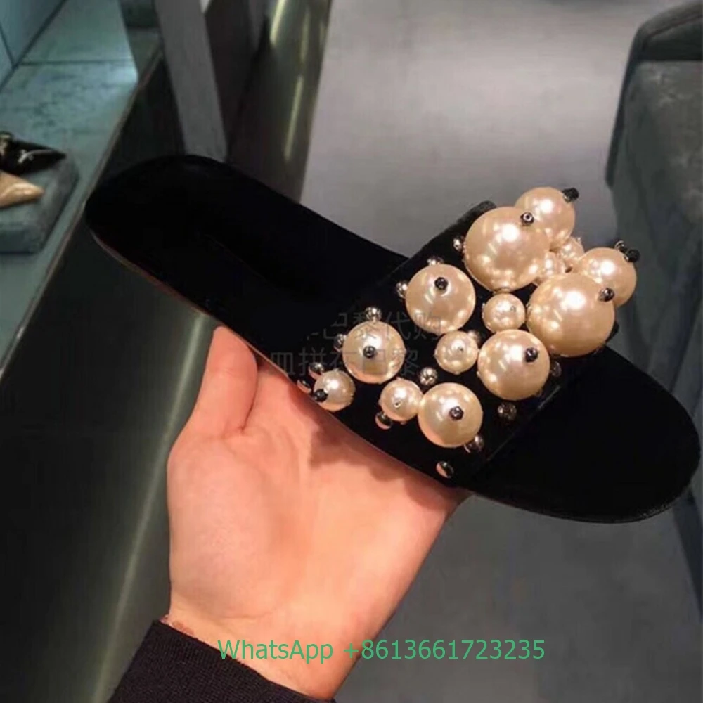 2024 New Pearl Flat Sandals Open Toe Black/red Slippers Women Summer Outerwear Sandals Flat Heel Slip-On Fashion bling Slides