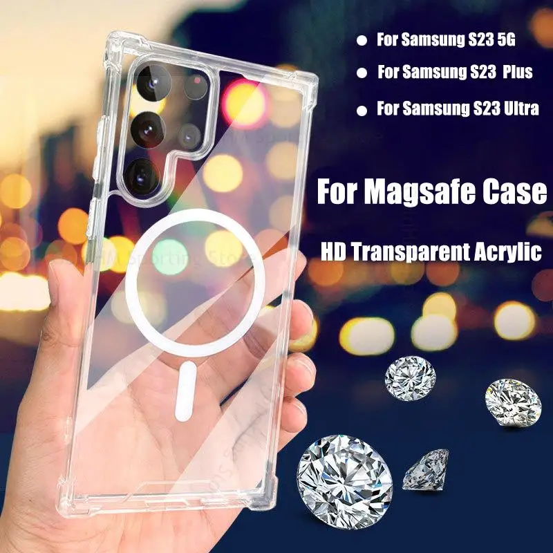 

For Samsung S23 Ultra 5G For Magsafe Magnetic Phone Case For Galaxy S22 Ultra S21 S23 Plus Acrylic Transparent Magsafing Cover