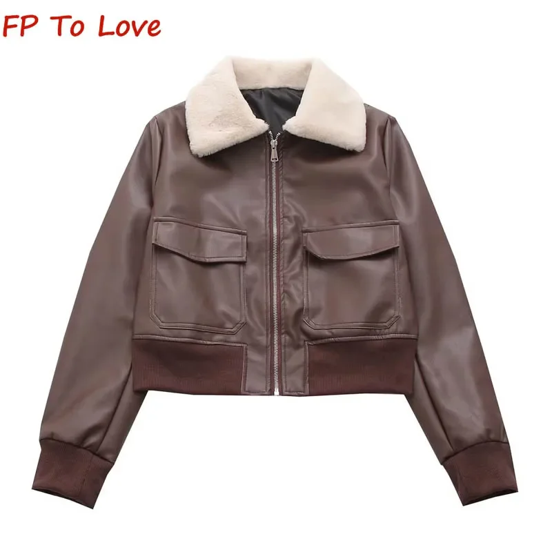 

Y2K Mirad Autumn Winter Hair Collar Short Brown Large Pocket PU Jacket Retro Waisted Spice Girls Biker Jacket