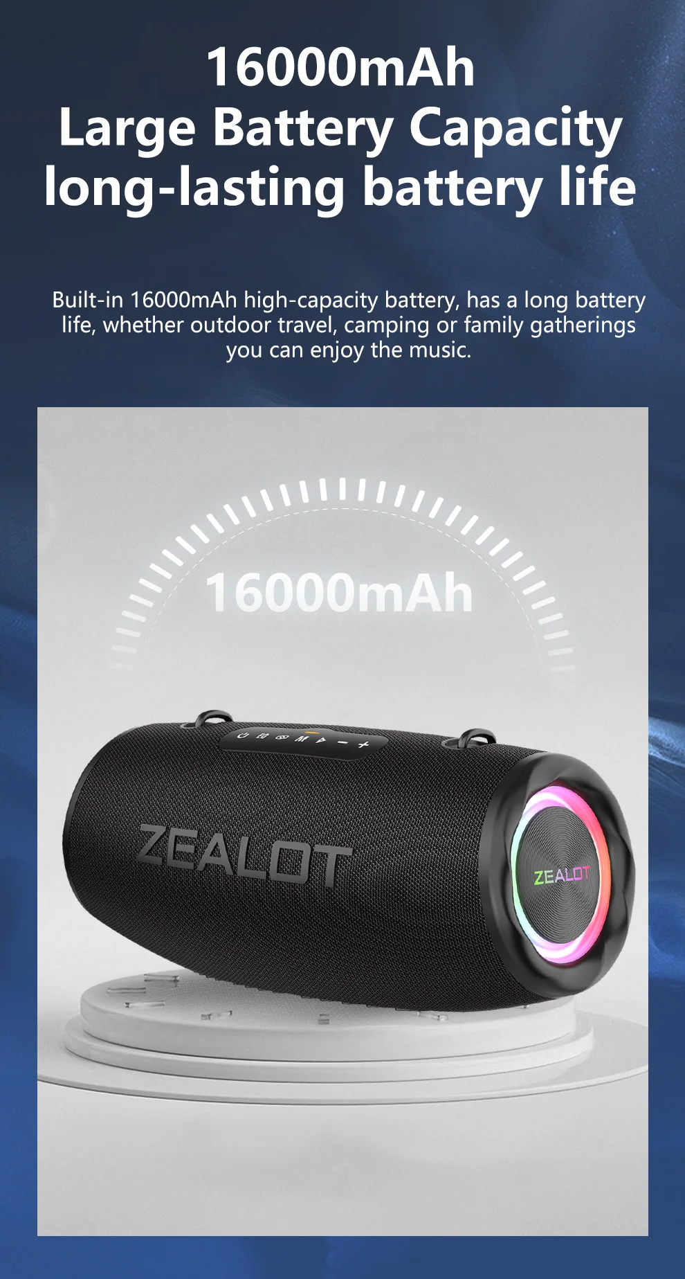 ZEALOT-S87 80W Hochleistungs-Bluetooth-Lautsprecher Tragbarer RGB-Farbbeleuchteter Wasserdichter Kabelloser Subwoofer 360° Stereo-Surround – Detail 9