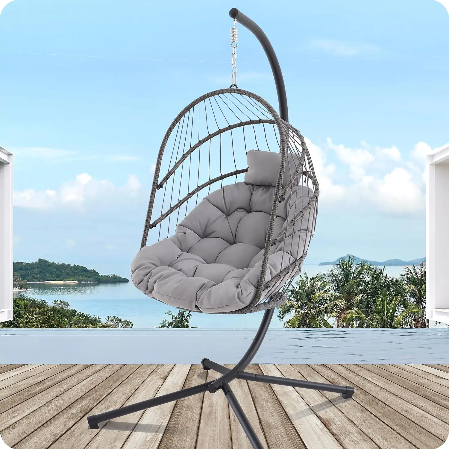 Hanging Egg Chair with Stand, Swing Egg Chair Indoor Outdoor with UV Resistant Cushions, 350lbs Capacity (Grey), Custom