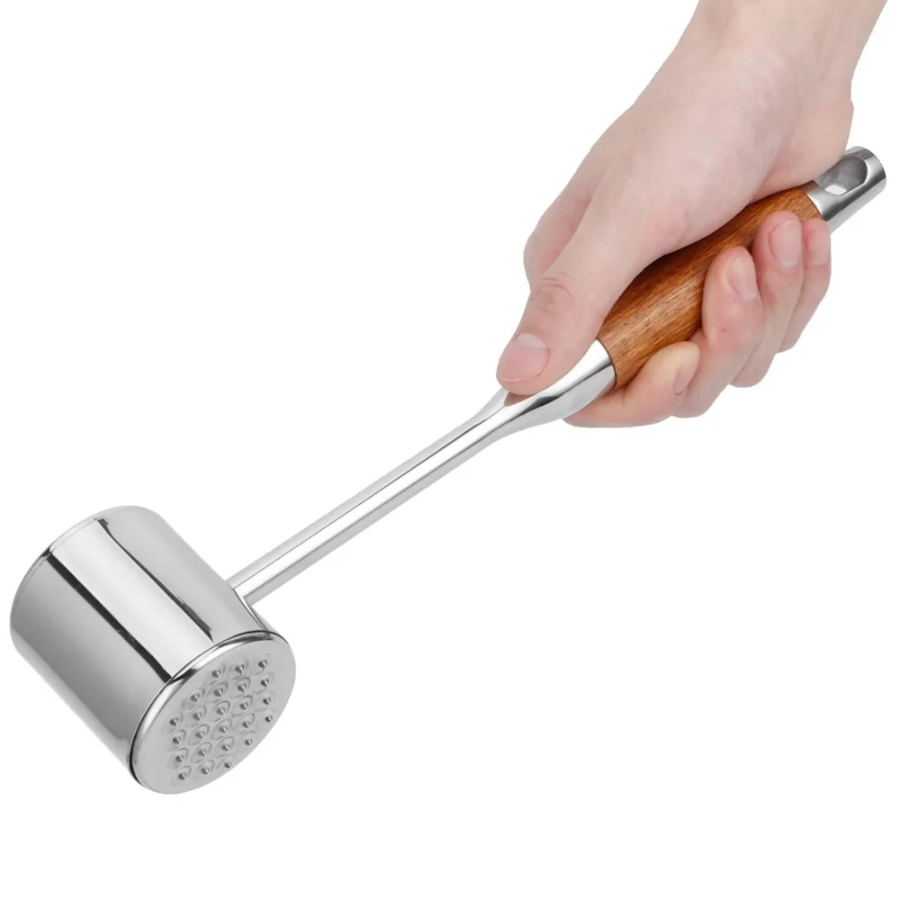 304 Stainless Steel Meat Tenderizer Tool Wood Handle Silver Brown Meat Mallet Hammer Durable Hanging Loop Meat Hammer