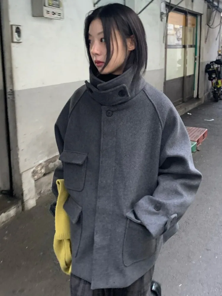 Retro Style Warm Woolen Coat with Pocket Single Button Stand Collar Korean Style Women's Outerwear for All Seasons