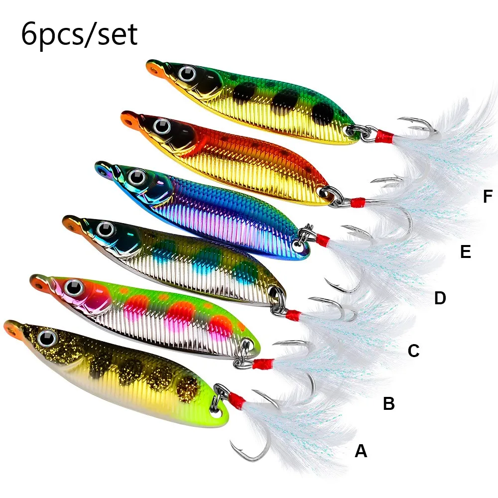

Sea.Yolo 6pcs/set S-shaped Fishing Lure Iron Plate Metal Sequin Blood Tank Feather Treble Hook For Bass Fishing Accessories