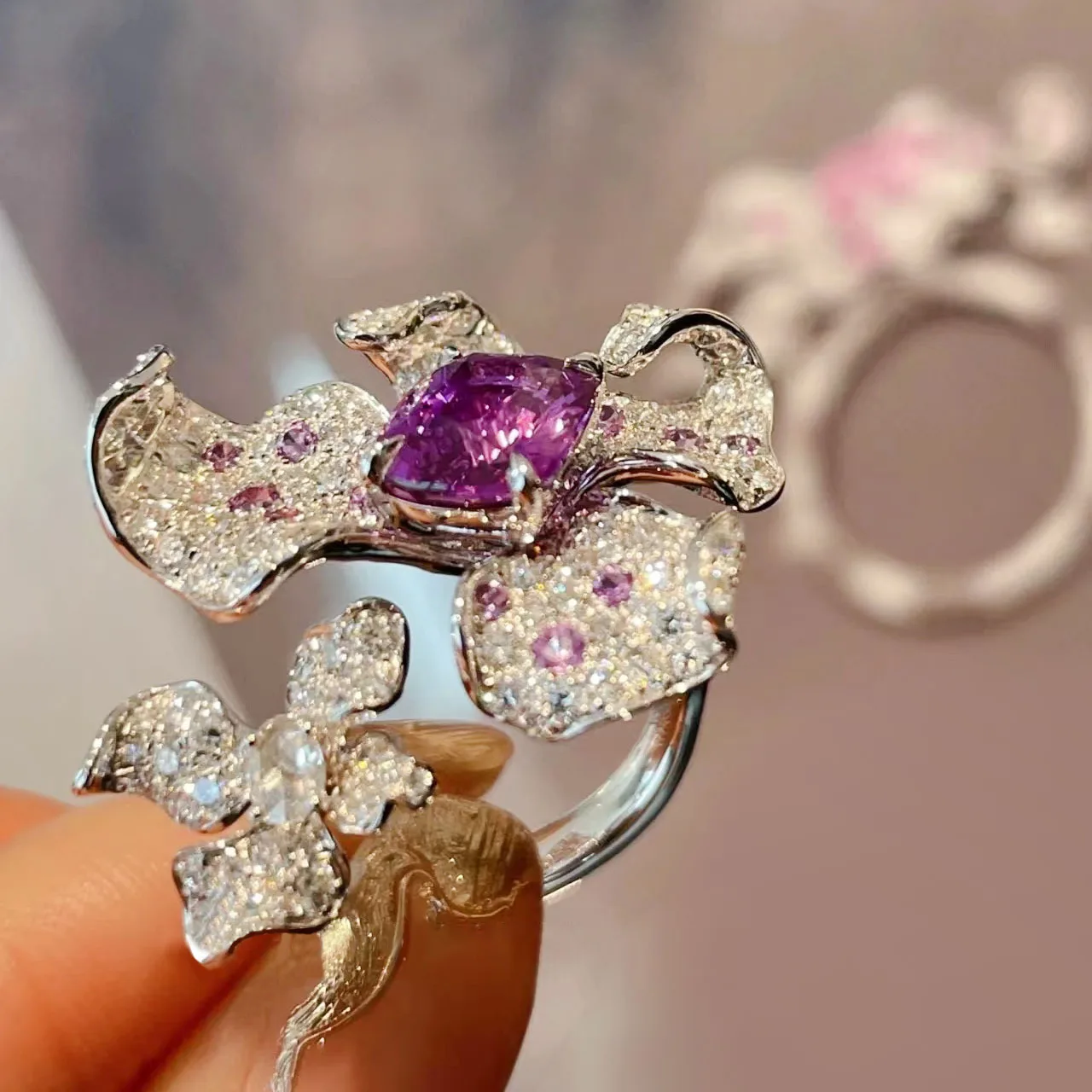 2022 New Trendy Big 925 Ring Amethyst Zircon Flower Open Rings for Women Luxury INS Style Party Dinner Sterling Silver Jewelry