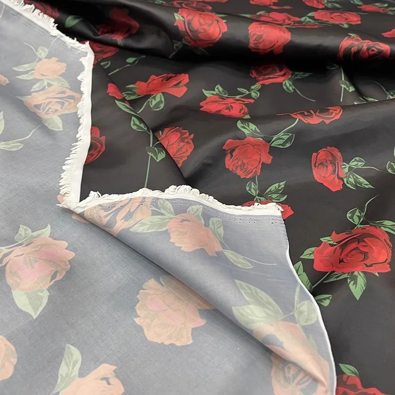 Europe And America Fashion Black Base Red Rose Flower Printed Polyester Fabric For Women Dress Blouse Handmade DIY Cloth Sewing