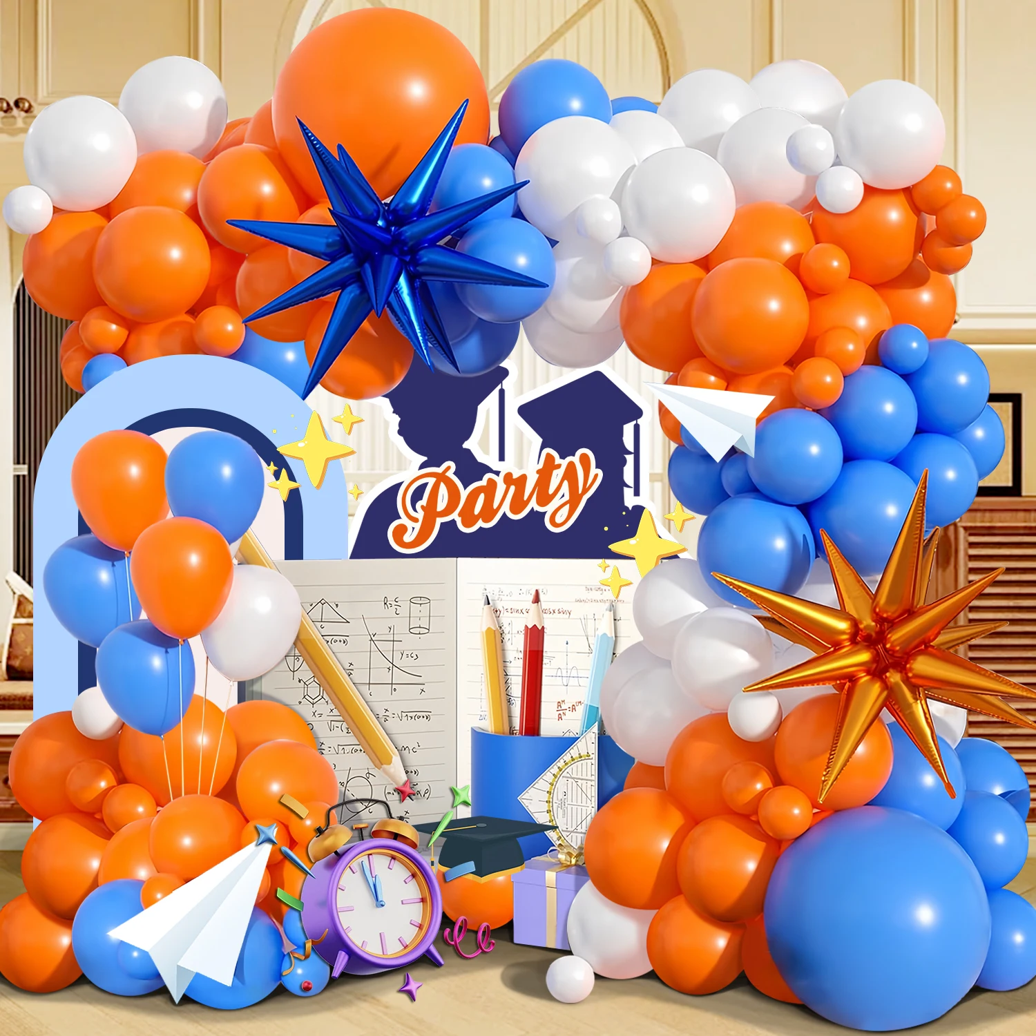 111 قطعة من مجموعة إكليل مقوس بالونات لموسم التخرج باللونين البرتقالي والأزرق، بالون أزرق وأبيض مع نجمة من الألومنيوم المتفجرة f