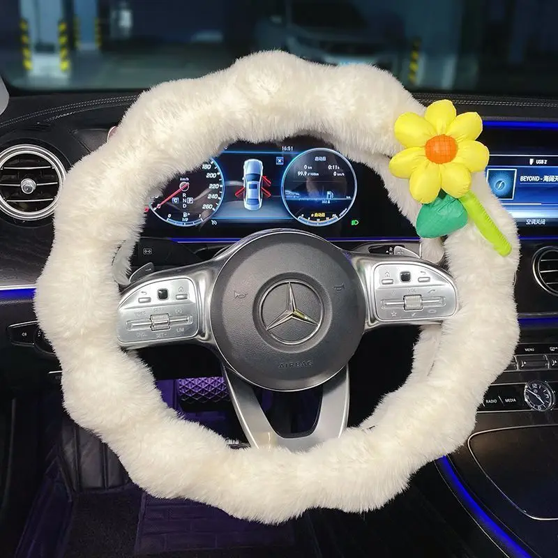 Cute Floral Decor Steering Wheel Cover Soft Plush Non-slip Grip Warm Winter Car Accessory Thickened Auto Steering Wheel Cover