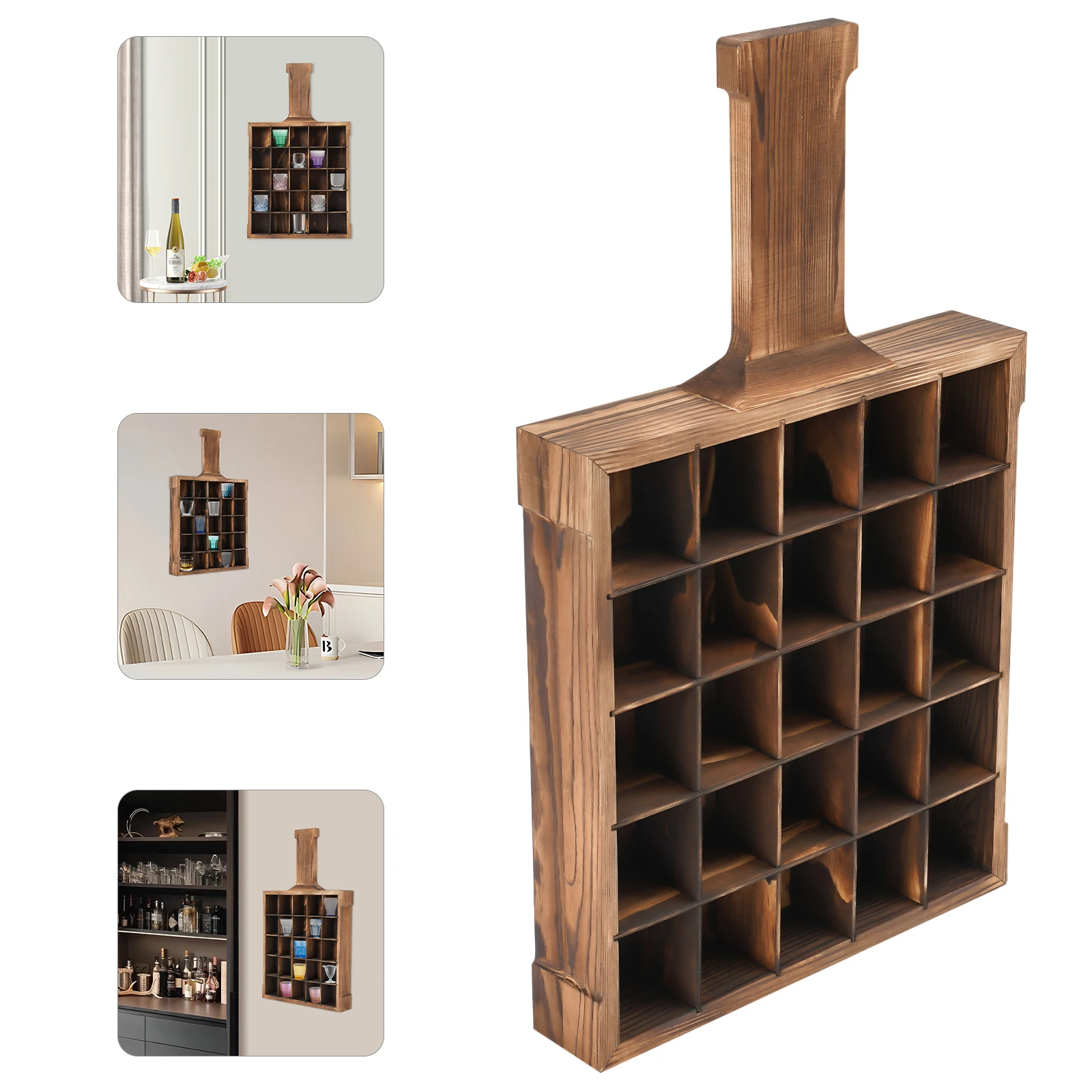 Vitrina de vidrio de madera de pino, gabinete de soporte de vidrio rectangular montado en la pared de Color madera, 25 compartimentos para bodegas de vino, bares
