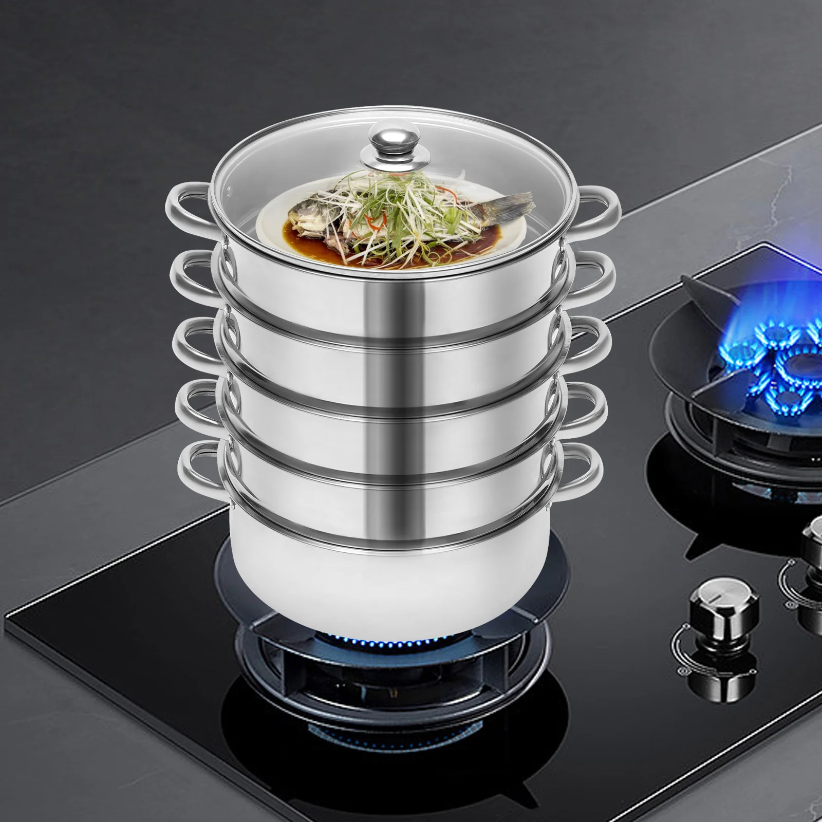 

5-Tier Stainless Steel Steamer, Meat Vegetable Cooking Steam Pot Kitchen Steamer Cooker with Handle for Steaming Tamales