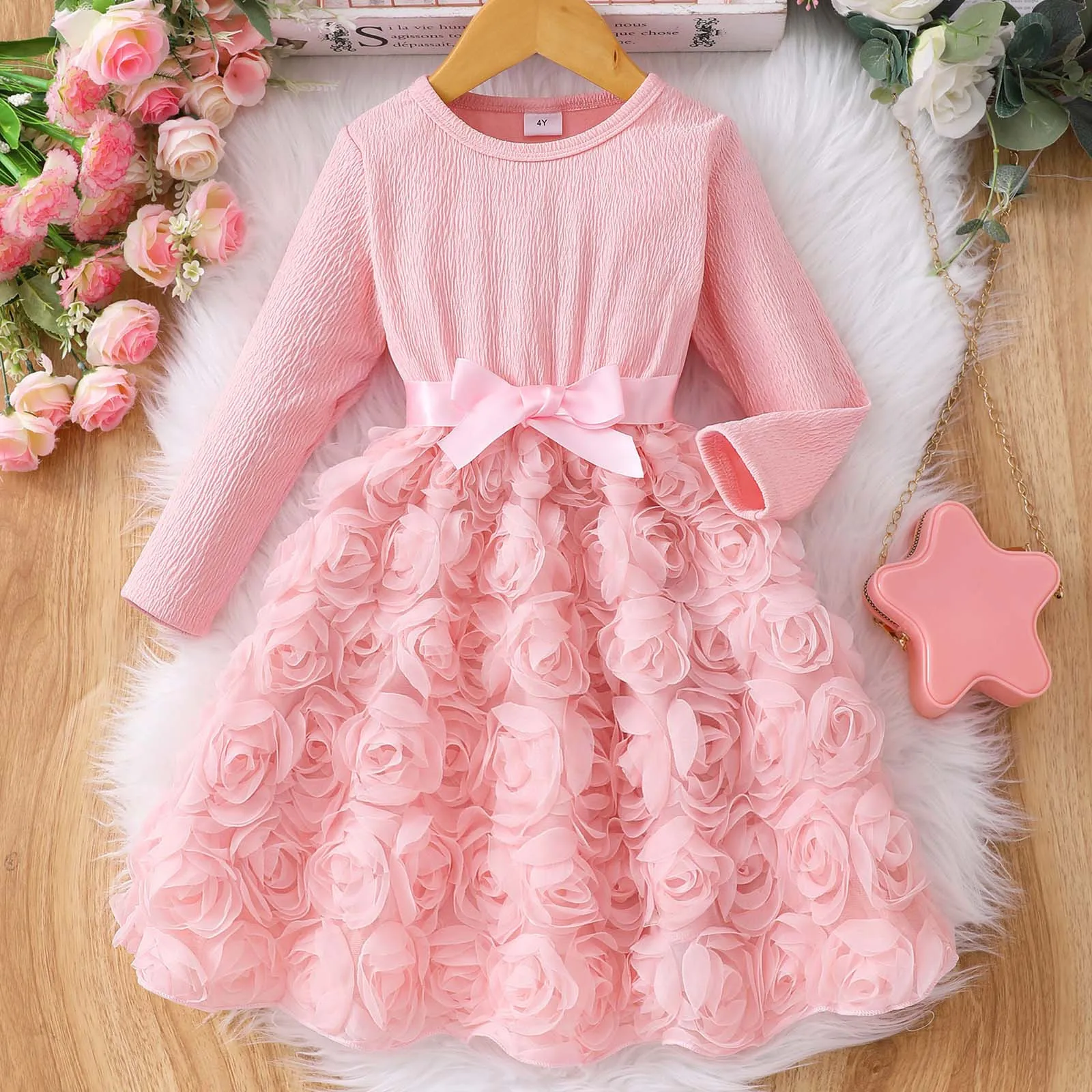 Kids Girls Dress Long Sleeve New Spring Autumn Pink Gauze Rose Belt Children Dress Elegant Comfortable Sweet Girls Clothing 2-7Y